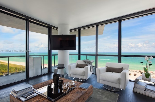 living room with dark hardwood / wood-style flooring and a wall of windows