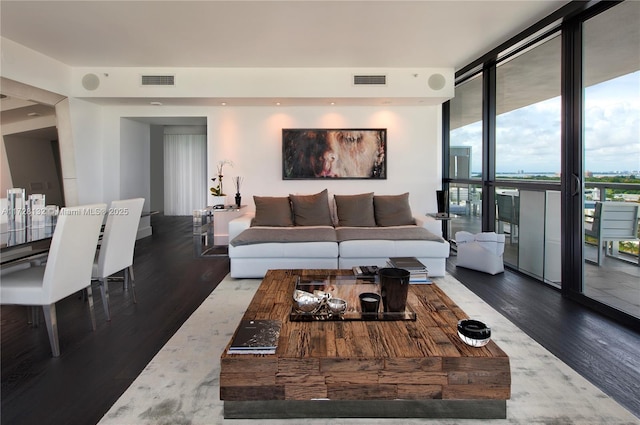 living room with floor to ceiling windows and dark hardwood / wood-style flooring