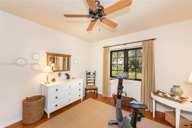 workout room featuring ceiling fan and hardwood / wood-style floors