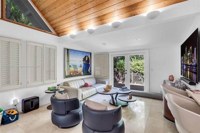 living room with light tile patterned floors, vaulted ceiling, wooden ceiling, and french doors