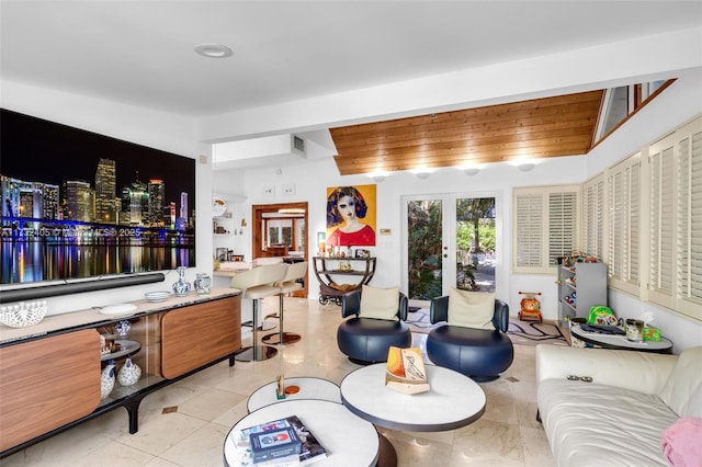 tiled living room with french doors