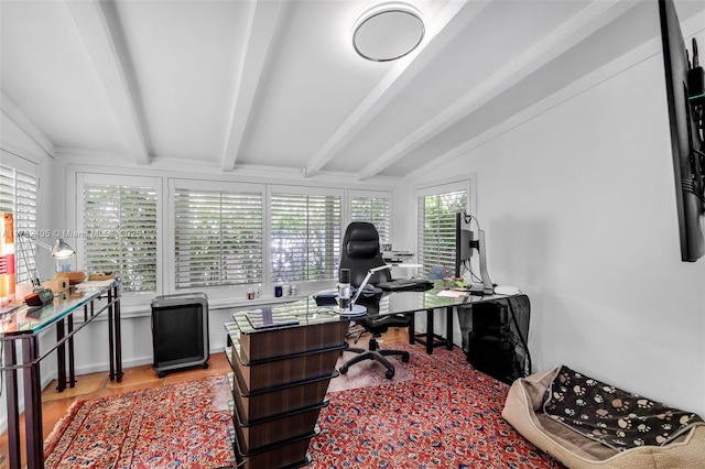 office area with lofted ceiling with beams