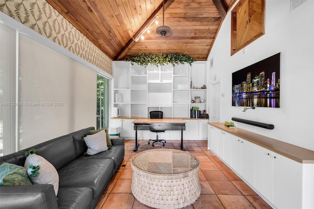 tiled office space featuring wood ceiling and lofted ceiling