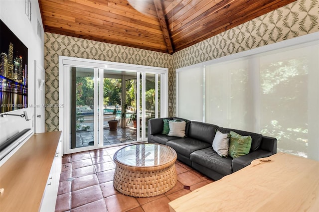 tiled living room featuring wood ceiling and vaulted ceiling