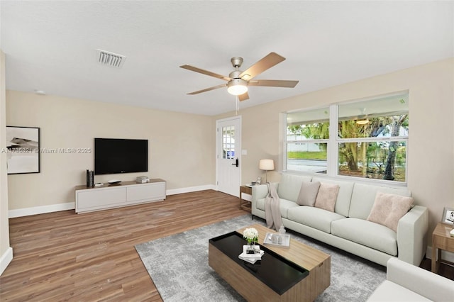 living room featuring ceiling fan and wood-type flooring