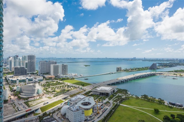 birds eye view of property featuring a water view