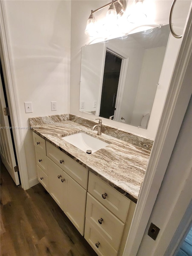 bathroom with wood finished floors and vanity