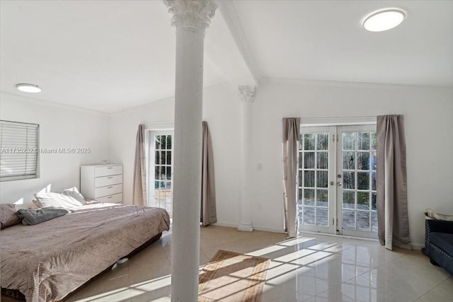 bedroom featuring decorative columns, lofted ceiling, access to outside, light tile patterned floors, and french doors