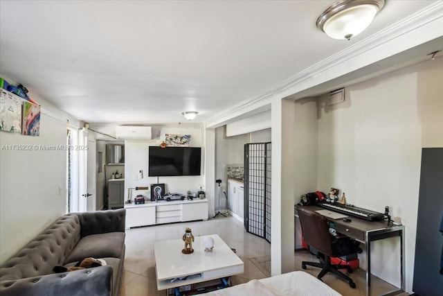 tiled living room with crown molding and an AC wall unit