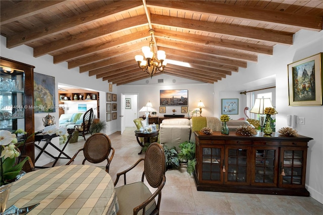 dining room featuring a notable chandelier, wood ceiling, and lofted ceiling with beams