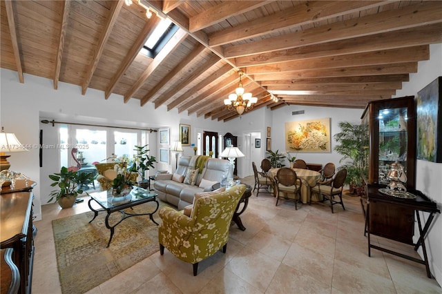 living room with an inviting chandelier, lofted ceiling with skylight, and wooden ceiling