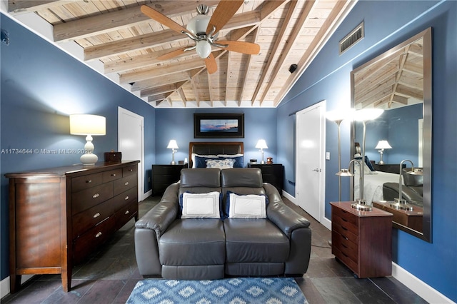 bedroom featuring lofted ceiling with beams, ceiling fan, and wood ceiling