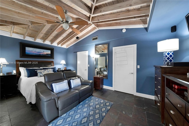 bedroom featuring vaulted ceiling with beams, wood ceiling, and ceiling fan