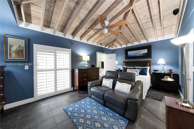 bedroom with lofted ceiling with beams, wooden ceiling, and ceiling fan