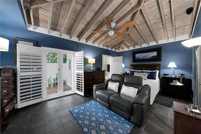 bedroom featuring lofted ceiling with beams, access to outside, ceiling fan, wooden ceiling, and french doors