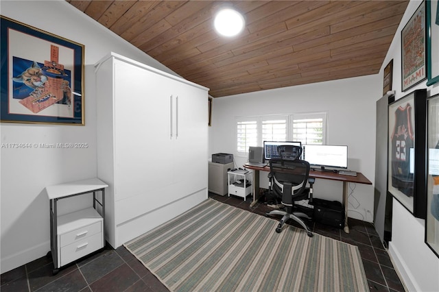 office space with vaulted ceiling and wooden ceiling