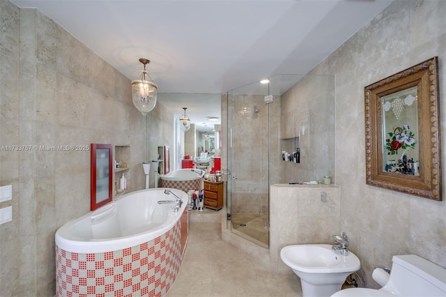 full bathroom featuring a bidet, vanity, plus walk in shower, and tile walls