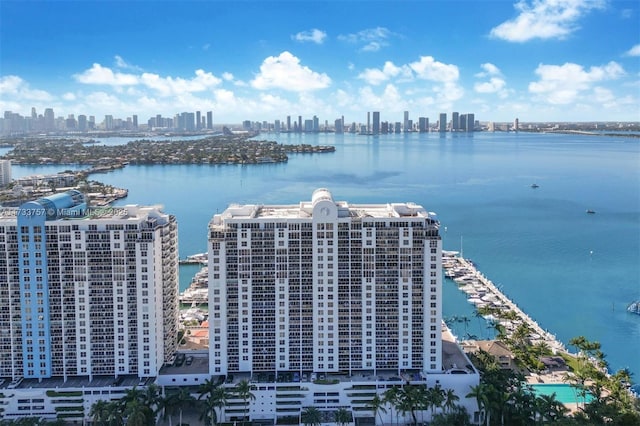 birds eye view of property featuring a water view