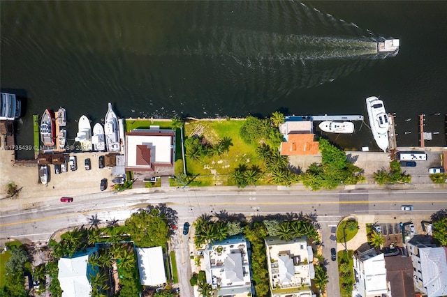 drone / aerial view featuring a water view