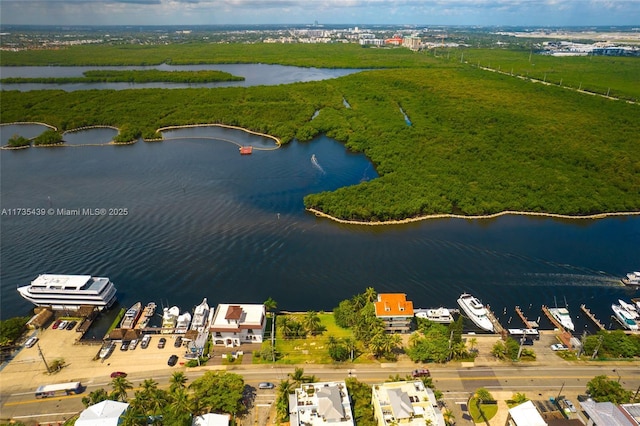 aerial view featuring a water view