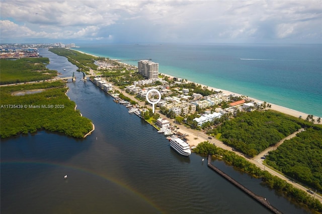 bird's eye view with a water view