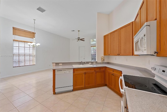 kitchen featuring sink, hanging light fixtures, plenty of natural light, kitchen peninsula, and white appliances