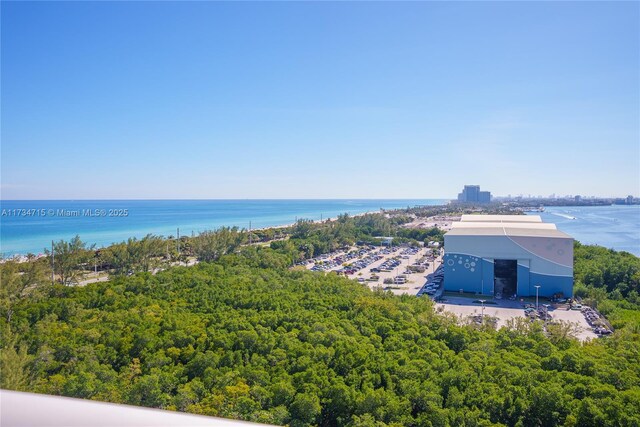 aerial view featuring a water view and a view of the beach