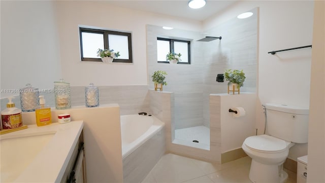 full bathroom with toilet, vanity, shower with separate bathtub, and tile patterned flooring