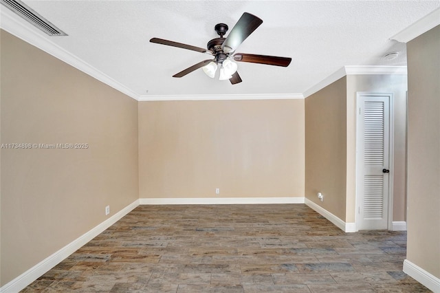 unfurnished room with hardwood / wood-style floors, a textured ceiling, ornamental molding, and ceiling fan