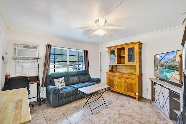 tiled living room with ceiling fan, a wall mounted air conditioner, and ornamental molding