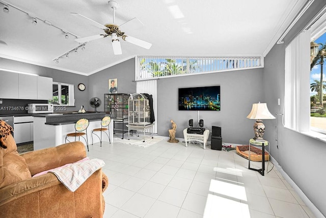 living room with crown molding, ceiling fan, vaulted ceiling, and light tile patterned floors