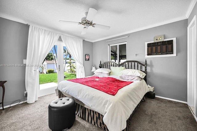 carpeted bedroom featuring ornamental molding, access to exterior, a textured ceiling, and french doors