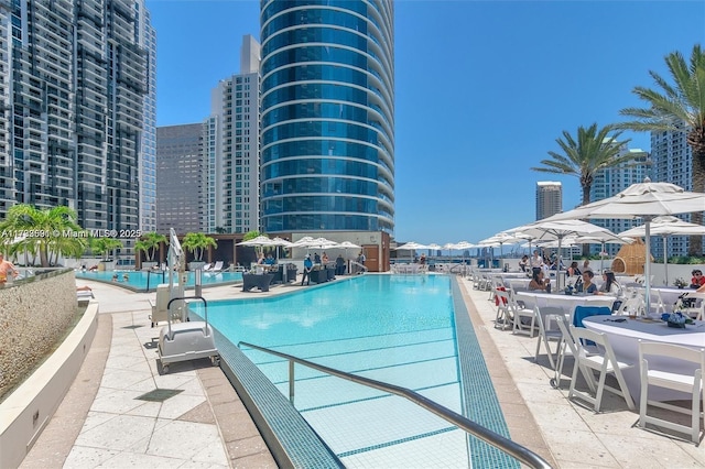 view of swimming pool with a patio area