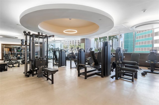 gym with a wall of windows, a healthy amount of sunlight, and a tray ceiling