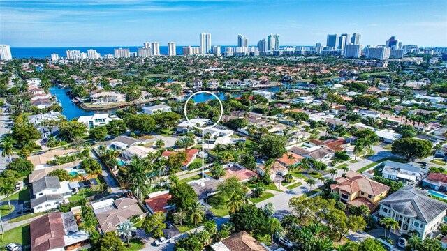 bird's eye view with a water view