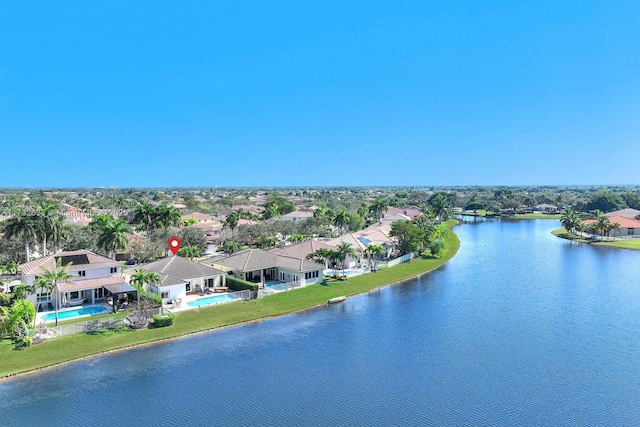 drone / aerial view featuring a water view