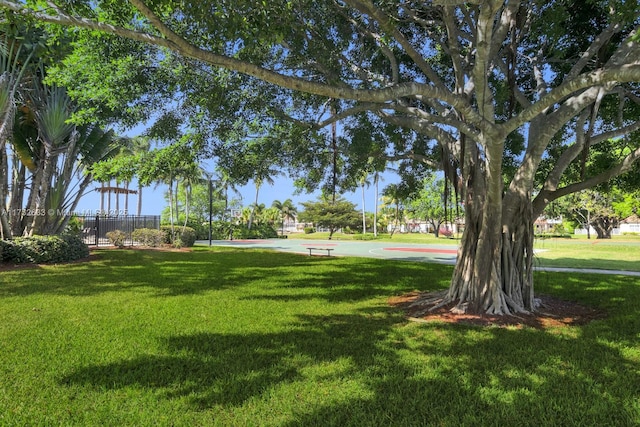 view of community featuring a yard and basketball hoop