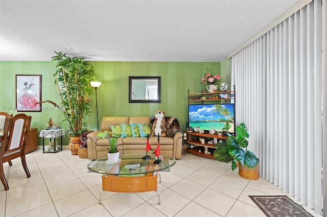 tiled living room with a textured ceiling