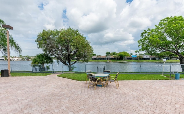 view of patio / terrace featuring a water view