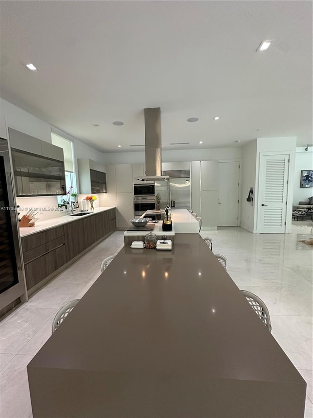 kitchen featuring sink, white cabinetry, dark brown cabinets, stainless steel appliances, and island exhaust hood