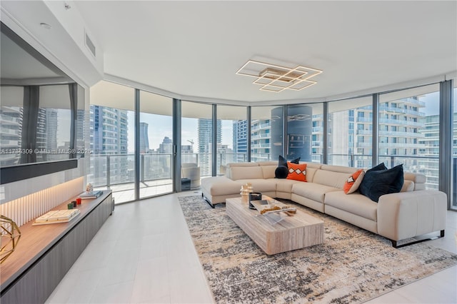 living room with floor to ceiling windows