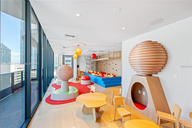 playroom with a wall of windows and light hardwood / wood-style floors