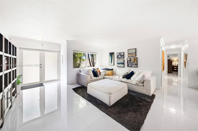 tiled living room featuring ornamental molding