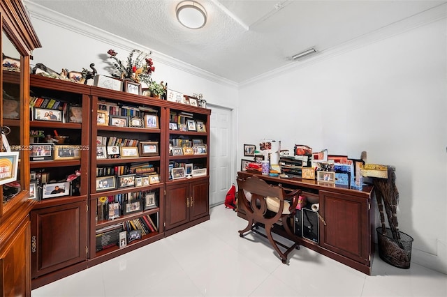 office with crown molding and a textured ceiling