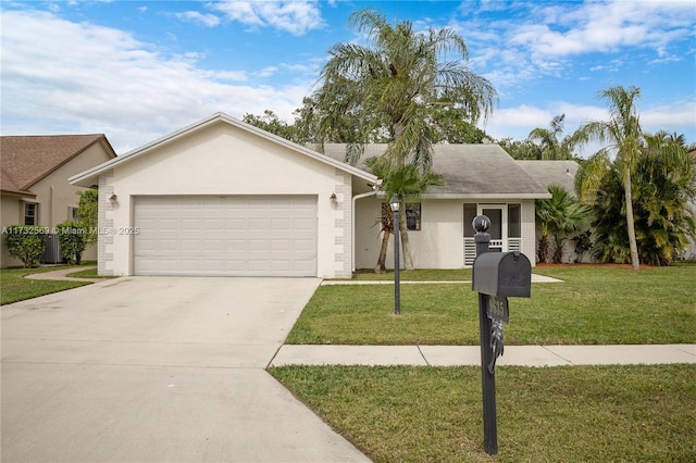 single story home featuring a garage, central AC unit, and a front lawn