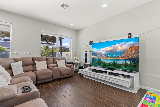 living room with dark wood-type flooring