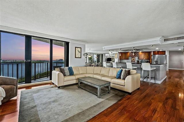 living room with floor to ceiling windows, a water view, dark hardwood / wood-style floors, and a textured ceiling