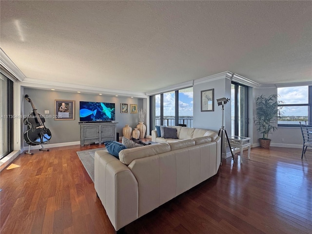 living area featuring a textured ceiling, crown molding, wood finished floors, and baseboards