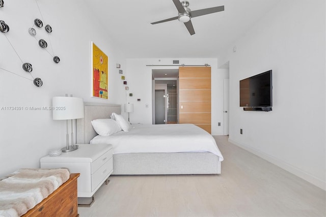 bedroom with light wood-style flooring, a ceiling fan, visible vents, and baseboards