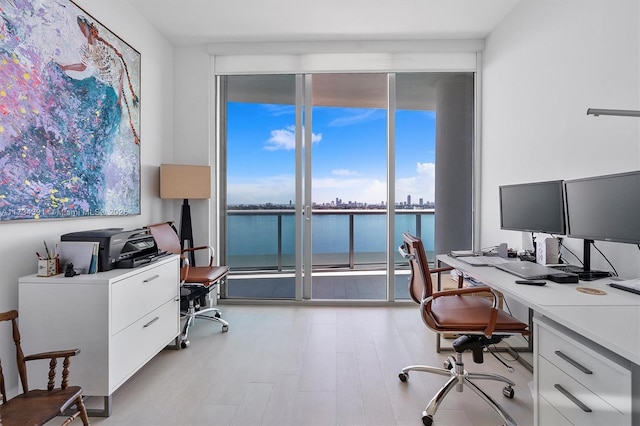 office area with expansive windows and light wood finished floors